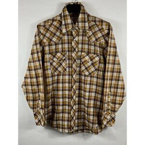 Vintage Bronco Plaid Button Down L/S Western Shirt Tan 15½ 33/34 Men's B336